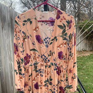 Oysho Peach Floral Midi Dress Deep V Neck Boho Long Sleeve Cottagecore Small